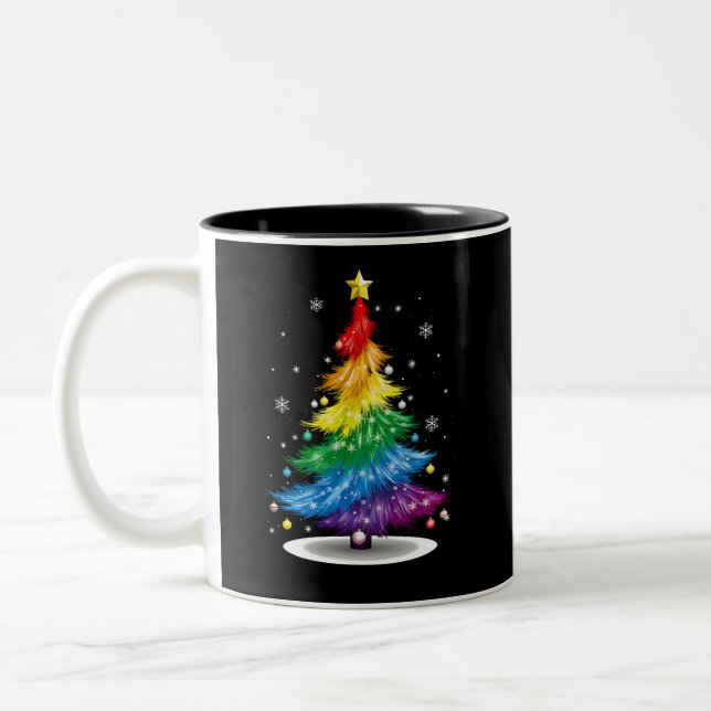 Gay LGBT Pride Rainbow Christmas Tree Merry Xmas Zweifarbige Tasse (Links)