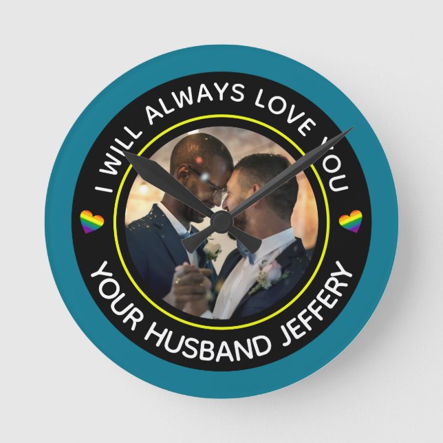  Gay LGBTQ Foto Wedding Couple personalize    Runde Wanduhr (Vorderseite)
