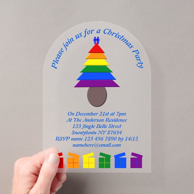 Gay Men Rainbow Christmas Tree und präsentiert Cus Acryleinladungen (Insitu (Handheld))