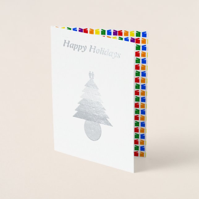 Gay Men Rainbow Christmas Tree und präsentiert Cus Folienkarte (Vorderseite)