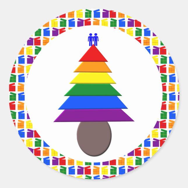 Gay Men Rainbow Christmas Tree und Presents Runder Aufkleber (Vorderseite)