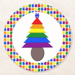 Gay Men Rainbow Christmas Tree und Presents Runder Pappuntersetzer