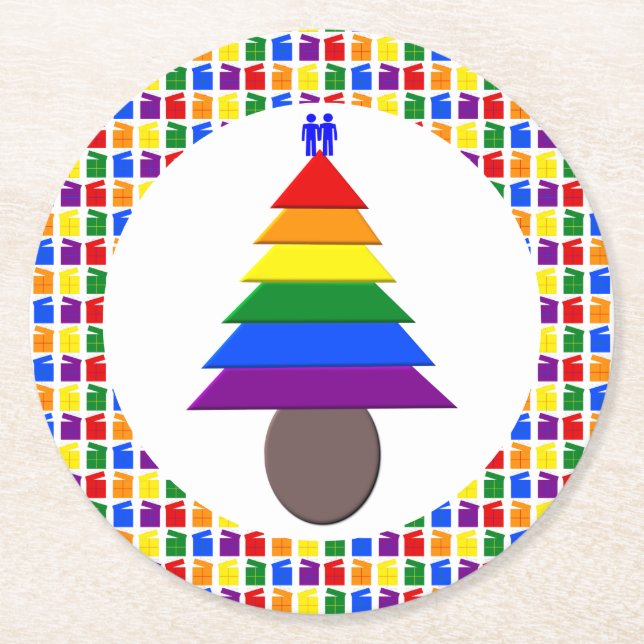 Gay Men Rainbow Christmas Tree und Presents Runder Pappuntersetzer (Vorderseite)