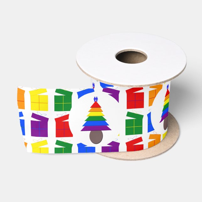 Gay Men Rainbow Christmas Tree und Presents Satinband (Spule)