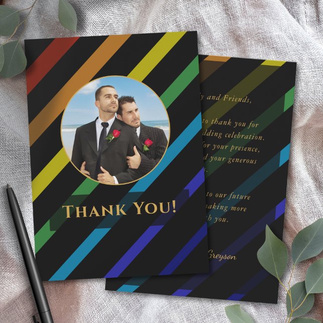 Gay Men Wedding Elegant Rainbow Photo Dankeskarte (Von Creator hochgeladen)