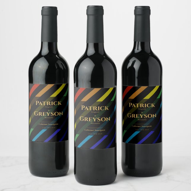 Gay Men Wedding Elegant Rainbow Weinetikett (Flaschen)