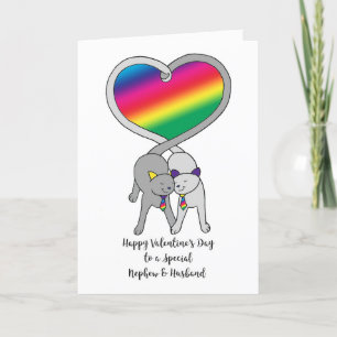 Gay Nephew & Husband Valentines Rainbow Cats Karte