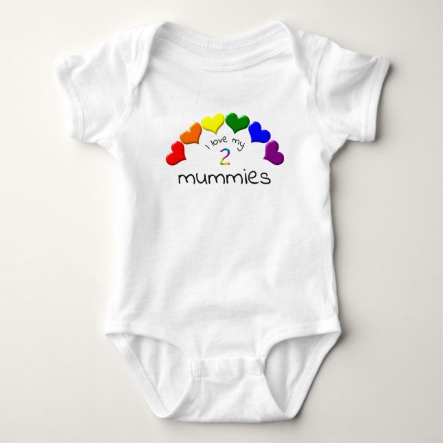Gay Pride Baby I Liebe meine 2 Mummies Rainbow Hea Baby Strampler (Vorderseite)