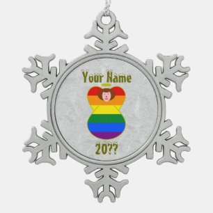 Gay Pride Engel Regenbogenflagge Auburn Haar Schneeflocken Zinn-Ornament