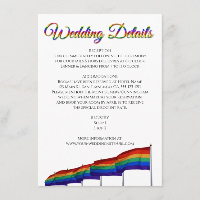 Gay Pride LGBTQ-Regenbogenfahnen Hochzeitdetails Begleitkarte (Vorderseite)