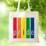 Gay Pride Rainbow Tragetasche<br><div class="desc">Diese Pride Tote Tasche ist mit Regenbogenstreifen und dem Wort Pride in stilvoller Typografie dekoriert.</div>