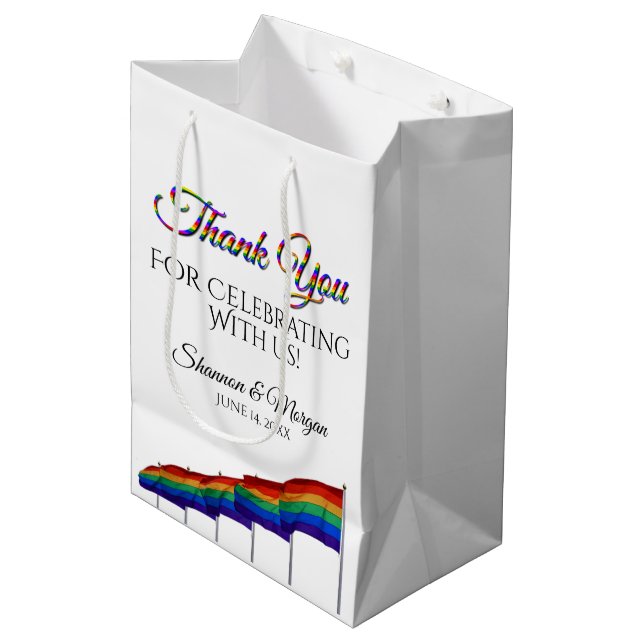 Gay Pride Rainbow Wedding Vielen Dank für Ihr Gesc Mittlere Geschenktüte (Vorderseite Schrägansicht)
