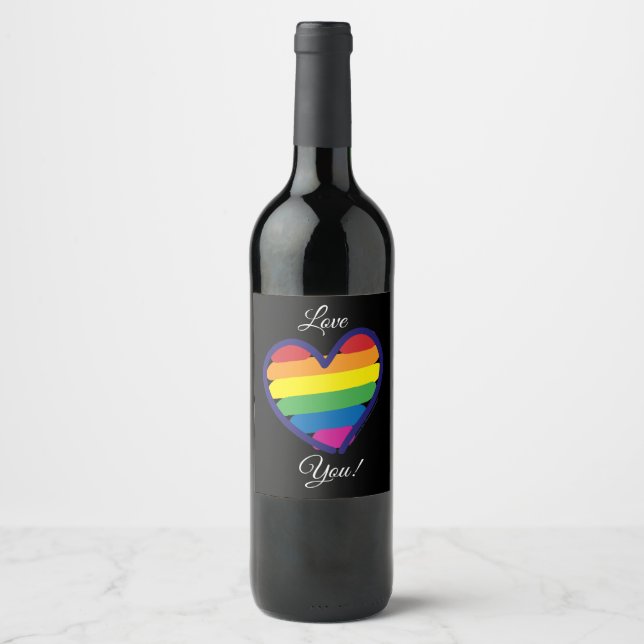 Gay Pride-Regenbogen-Flaggenherz Weinetikett (Vorderseite)