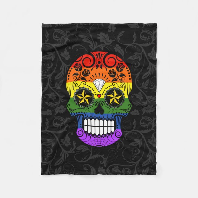 Gay Pride-Regenbogen-Zuckerschädel mit Rosen Fleecedecke (Vorderseite)