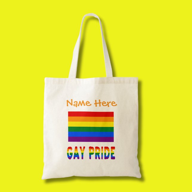 Gay Pride-Regenbogenfarben Orange Personalisierung Tragetasche (Tote bag has the Gay Pride Rainbow Flag with words below, GAY PRIDE. Add a name above.)