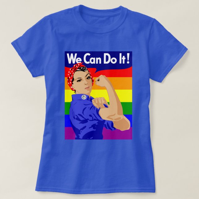 GAY PRIDE ROSIE DER RIVETER MIT RAINBOW FLAG T-Shirt (Design vorne)