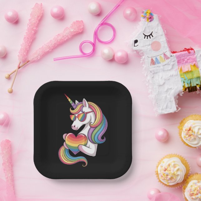 Gay Pride Unicorn Herzenragenbogen Flag LGBT Pappteller (Party)