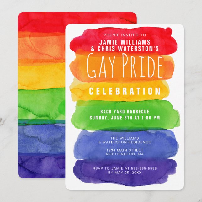 Gay Pride Wasserfarben Rainbow Einladung (Vorne/Hinten)