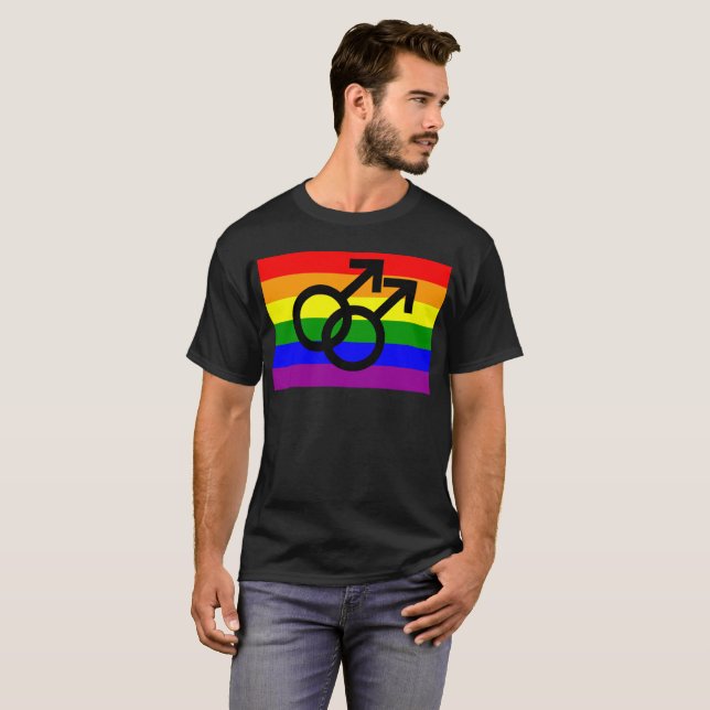 Gay Pride Zwei männliche Mars Symbole Rainbow Flag T-Shirt (Vorne ganz)