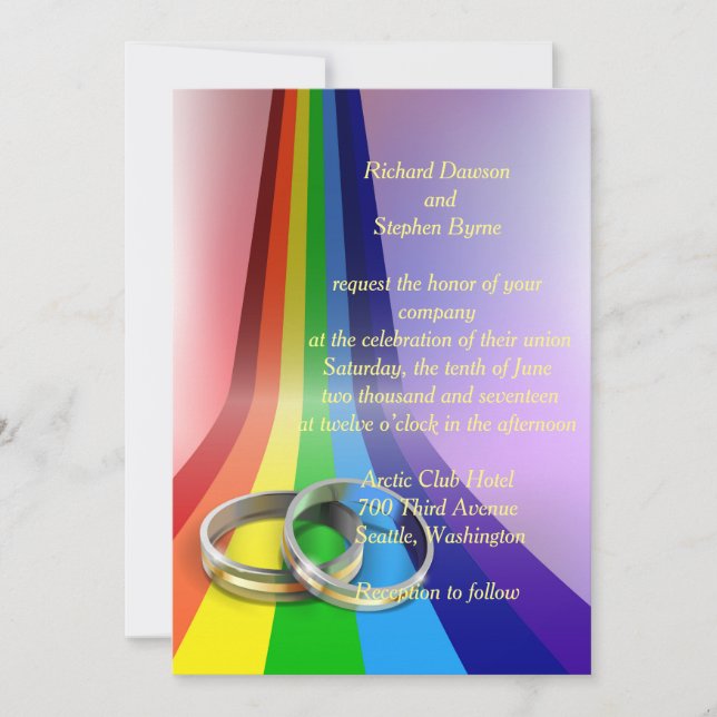 Gay Rainbow and Rings Wedding Einladung (Vorderseite)