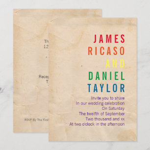 Gay Rainbow Text Antique Paper Wedding Einladung