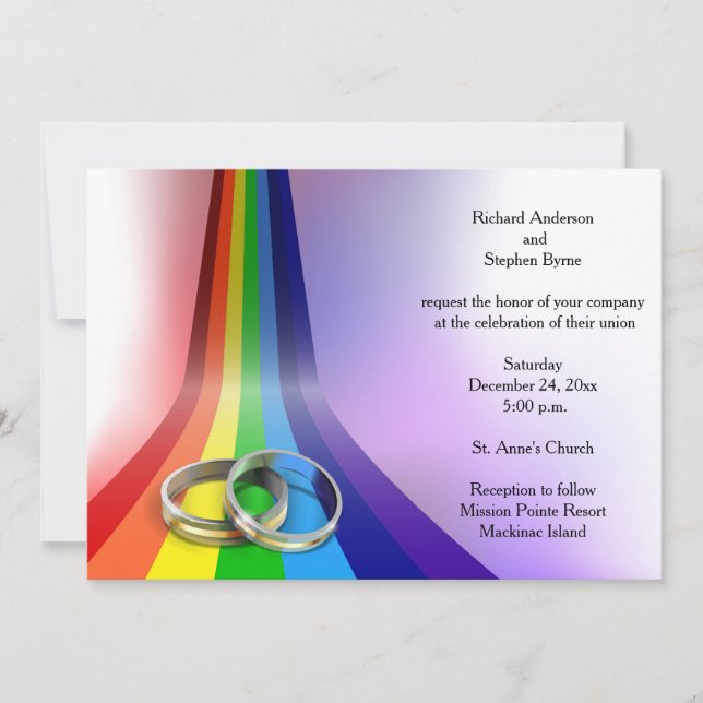 Gay Rainbow und Rings Hochzeit Einladung (Vorderseite)
