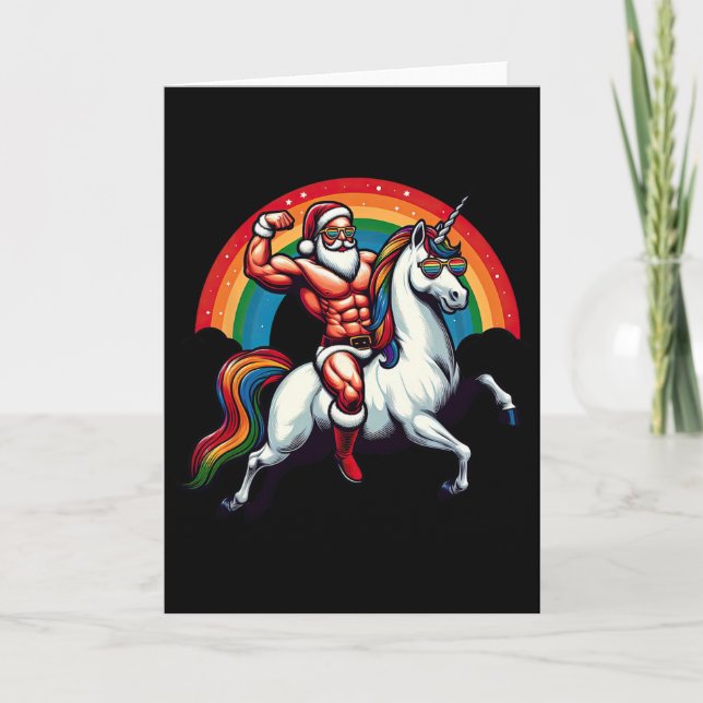 Gay Santa reitet auf einem Einhorn und zeigt Muske Karte (Vorderseite)