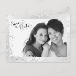 Gay Silver Damask Wedding Foto Save the Date Ankündigungspostkarte