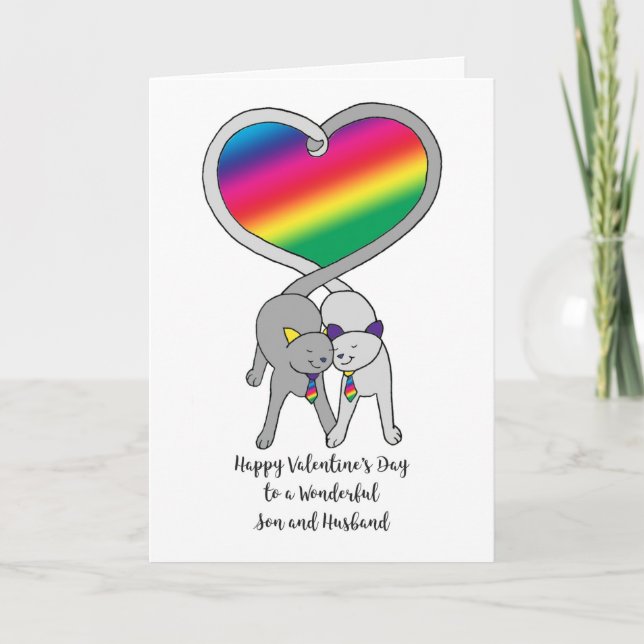 Gay Son & Husband Valentines Rainbow Cats Karte (Vorderseite)