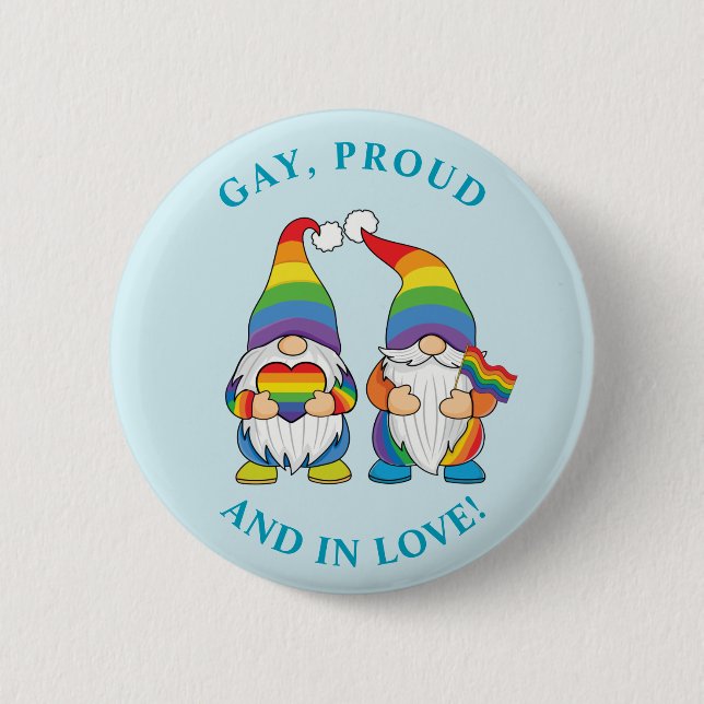 Gay, Stolz und in Liebe - zwei Regenbogen Boy Gnom Button (Vorderseite)