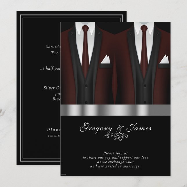 Gay Wedding Burgundy Tuxedo Silver Black Einladung (Vorne/Hinten)