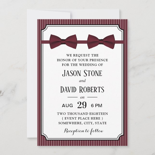 Gay Wedding Double Bow Krawatte Burgundy Red Einladung (Vorderseite)