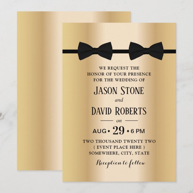 Gay Wedding Double Bow Krawatte Moderne Gold Einladung (Vorne/Hinten)