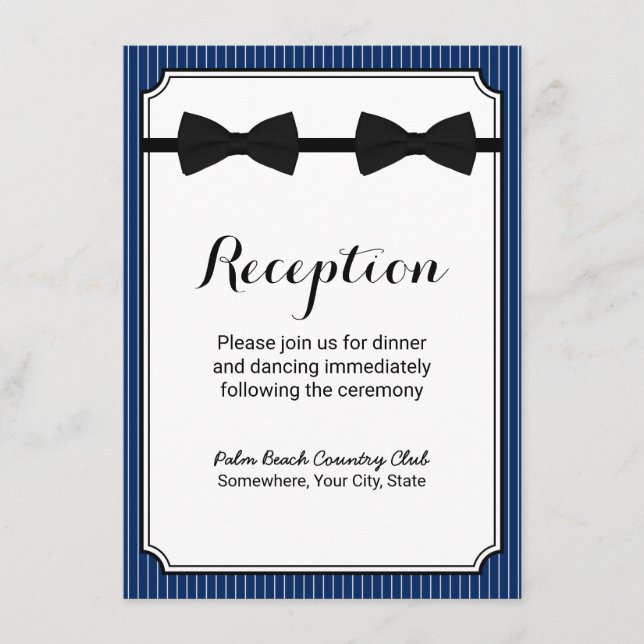 Gay Wedding Double Bow Krawatte Navy Blue Empfang Begleitkarte (Vorderseite)