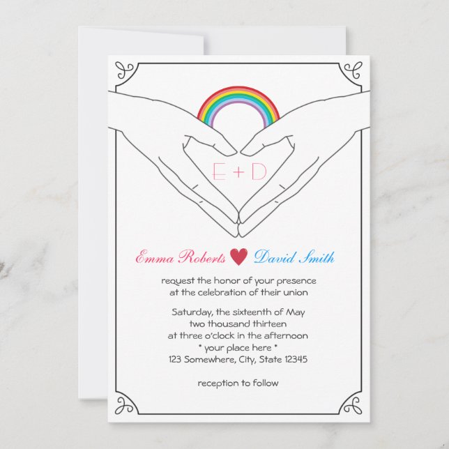 Gay Wedding Elegante Hand Heart & Rainbow Einladung (Vorderseite)