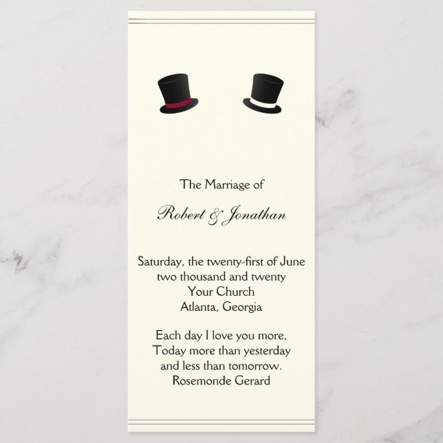 Gay Wedding Program für Top Hats und Bow Krawatte Programm (Vorderseite)