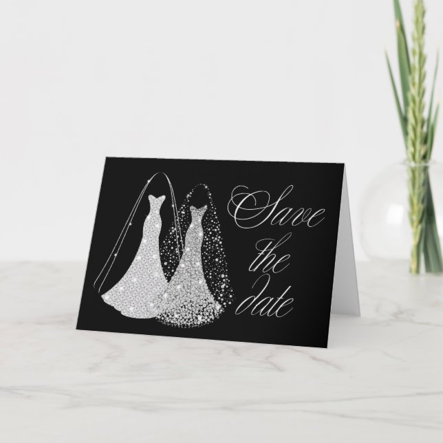 Gay Wedding Save the Date in Black and Imitats Sil Ankündigung (Vorderseite)