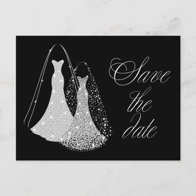 Gay Wedding Save the Date in Black and Imitats Sil Ankündigungspostkarte (Vorderseite)
