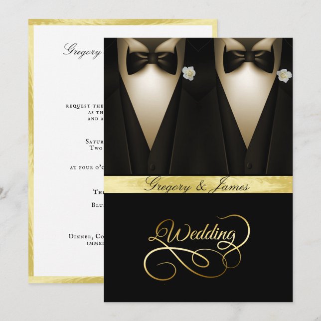 Gay Wedding Tuxedos White Roses Gold Foil Einladung (Vorne/Hinten)
