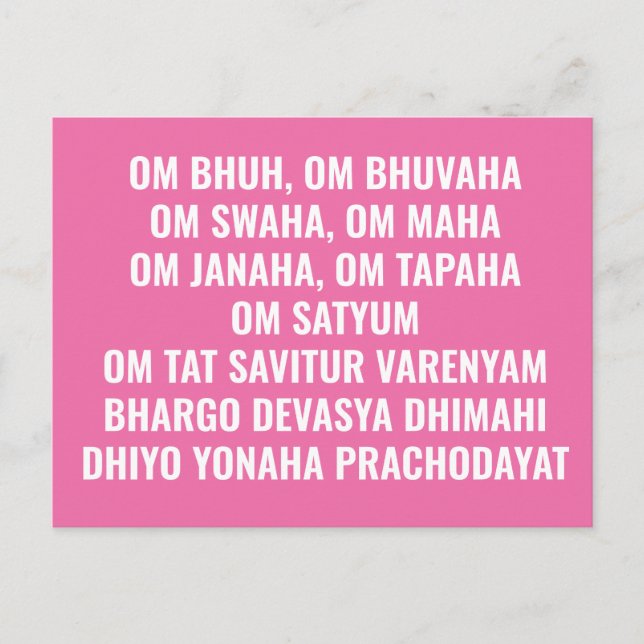 Gayatri Long Form Pink White Sanskrit Mantra Postkarte (Vorderseite)