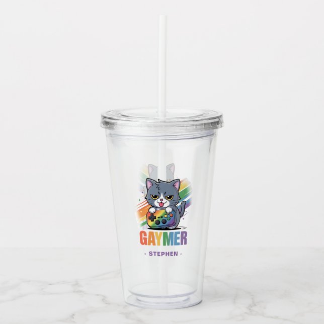 Gaymer - Rainbow Gaming Cat mit Konsole | LGBTQ 2 Acryltrinkbecher (Vorderseite)