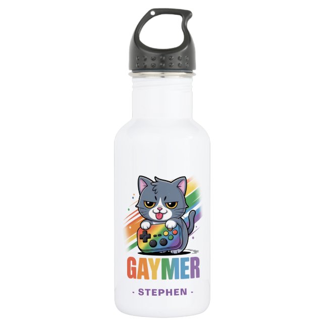 Gaymer - Rainbow Gaming Cat mit Konsole | LGBTQ 2 Edelstahlflasche (Vorderseite)