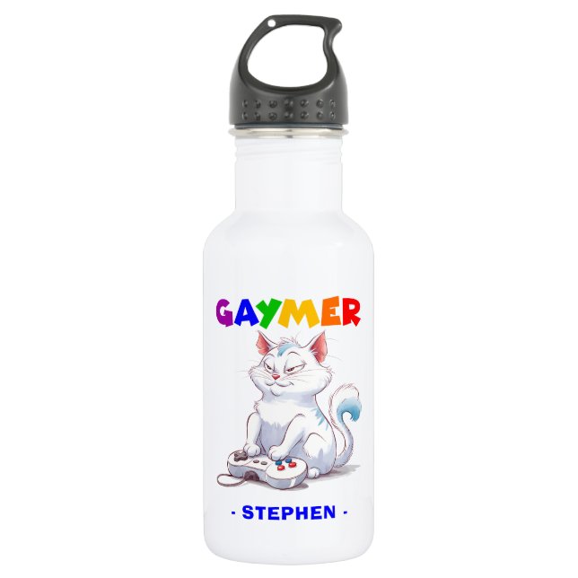 Gaymer - Rainbow Gaming Cat mit Konsole | LGBTQ Edelstahlflasche (Vorderseite)