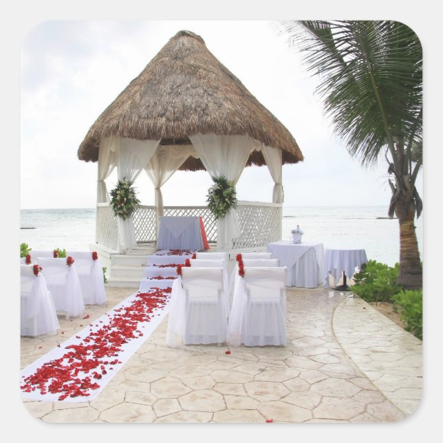 Gazebo auf dem Strand-Hochzeits-Quadrat-Aufkleber Quadratischer Aufkleber (Vorderseite)