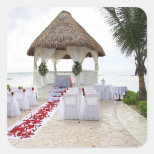 Gazebo auf dem Strand-Hochzeits-Quadrat-Aufkleber Quadratischer Aufkleber