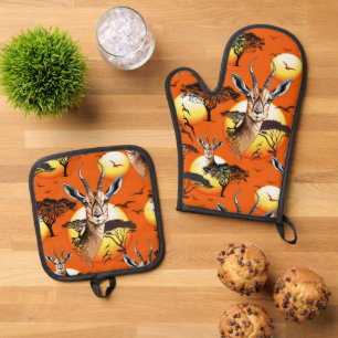 Gazelle African Antelope Wild Animal Ofenhandschuh & Topflappen-Set