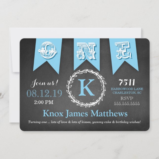 GC Boy First Birthday Banner Chalkboard Einladung (Vorderseite)