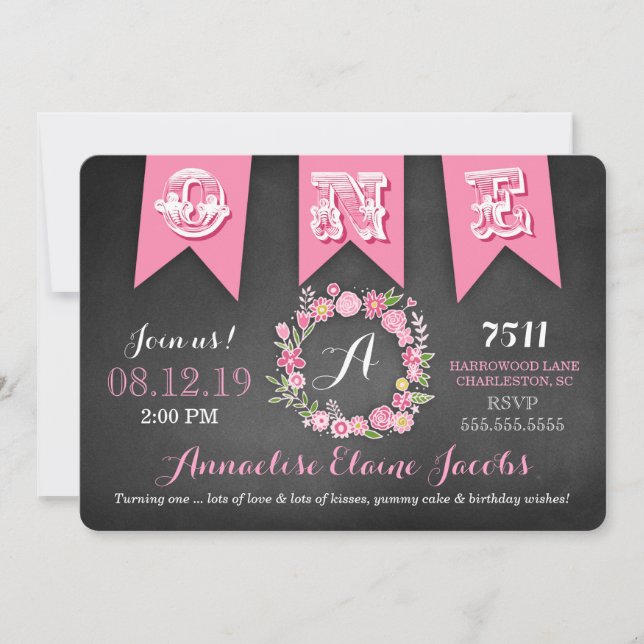 GC Girl First Birthday Banner Chalkboard Einladung (Vorderseite)