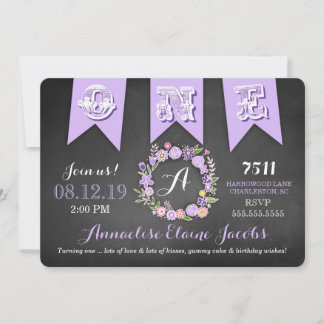 GC Lila Girl First Birthday Banner Chalkboard Einladung