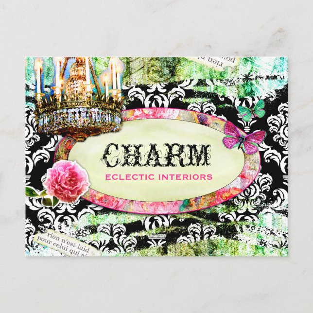 GC Shabby Vintag Charm Black Damask Postkarte (Vorderseite)